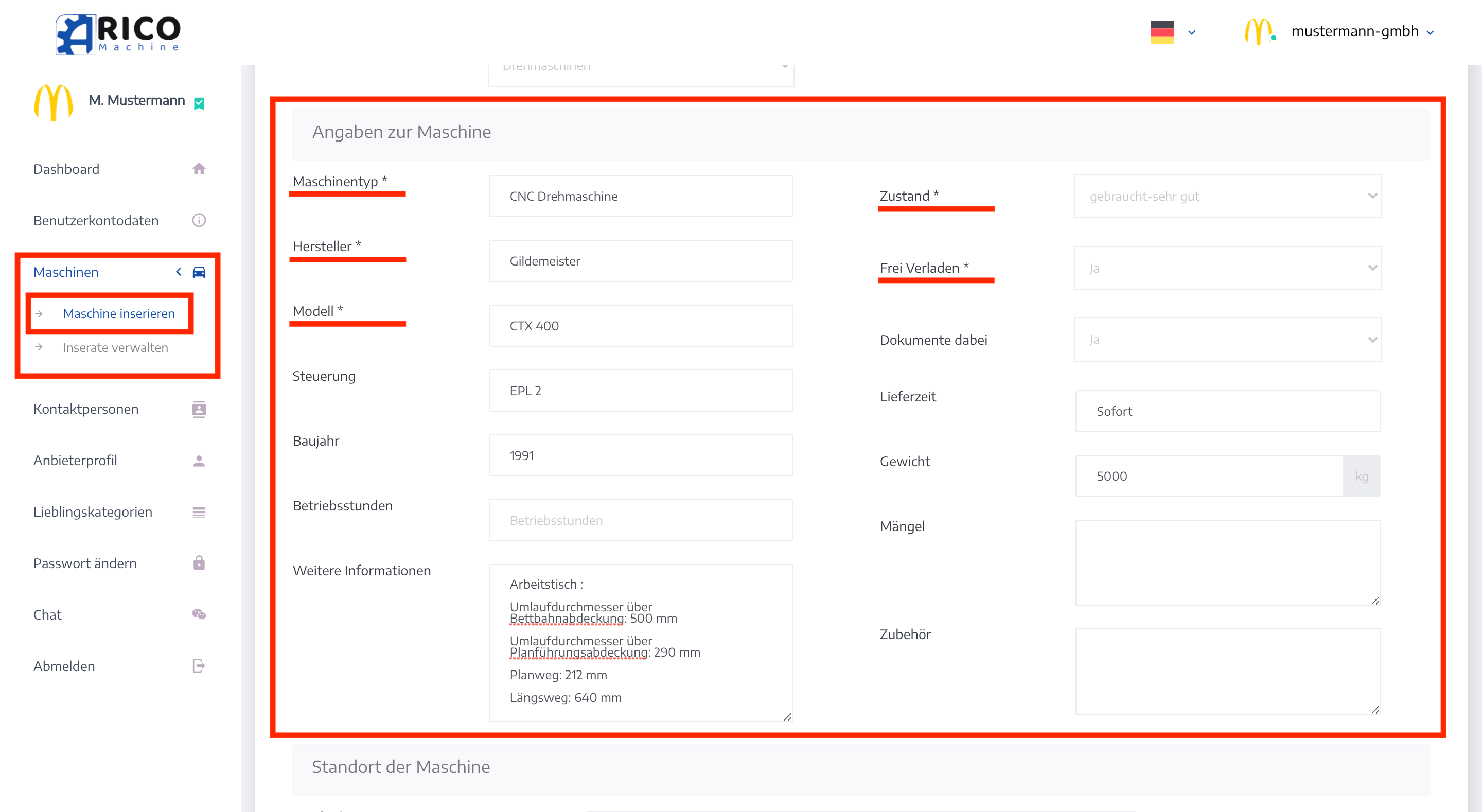 Maschine inserieren - Tech. Daten